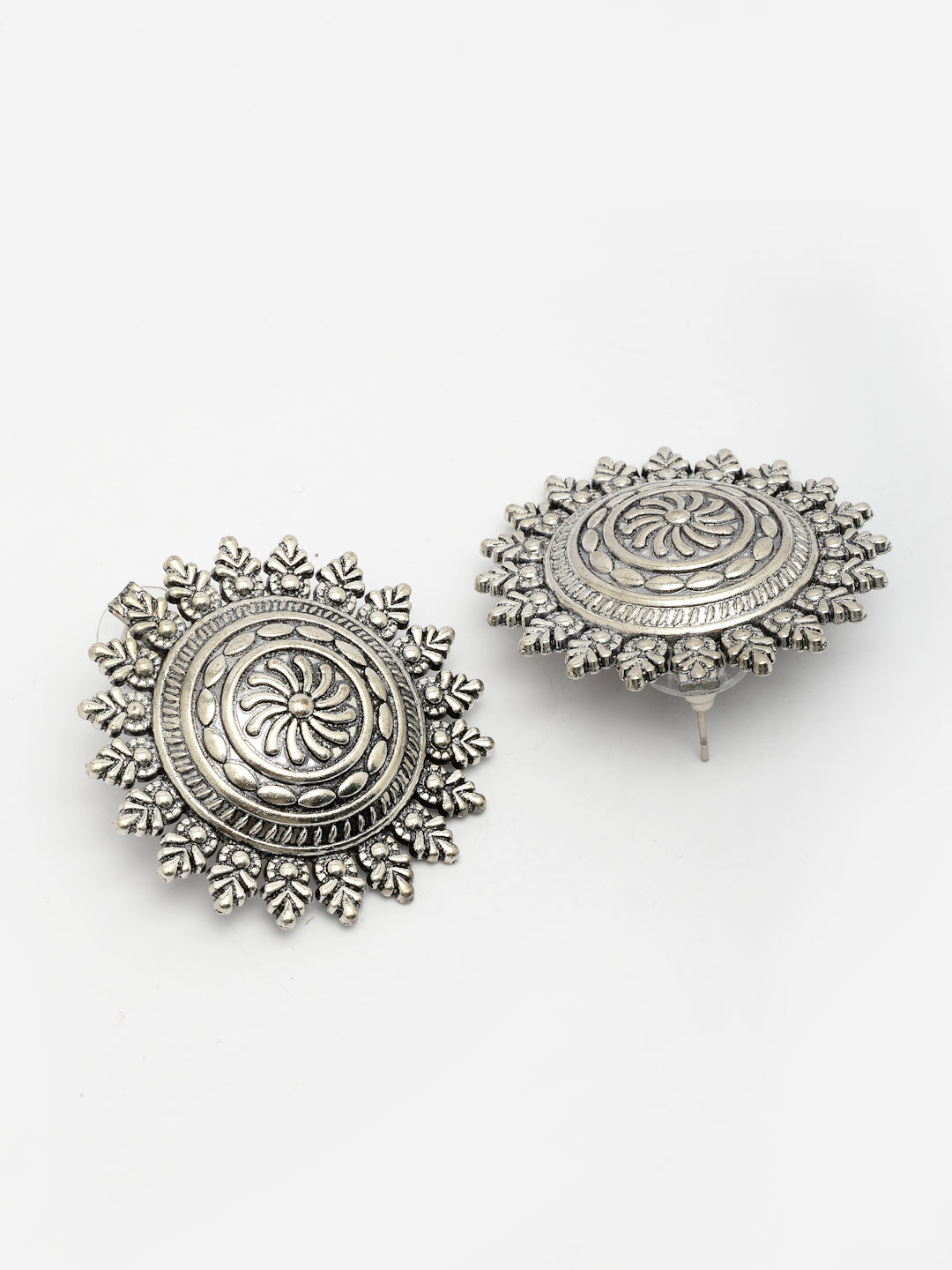 NVR Women Silver Plated Oxidized Circular Shape Stud Earrings - Swadesiicart