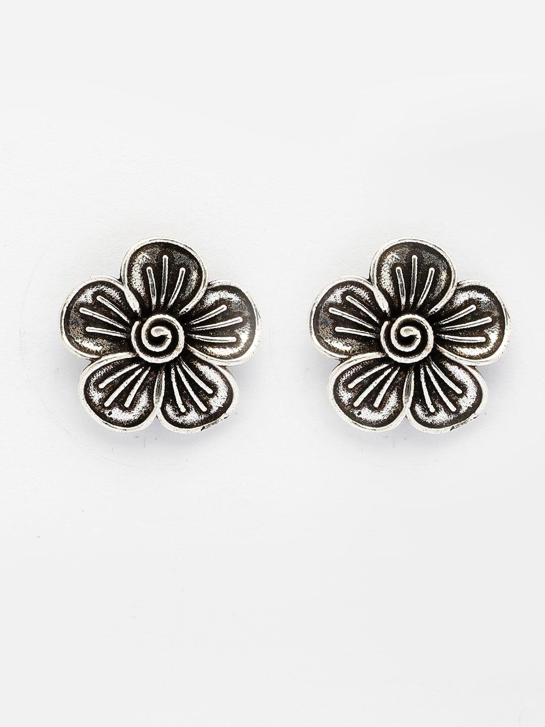 NVR Women Silver Plated Oxidized Floral Shape Stud Earrings - Swadesiicart