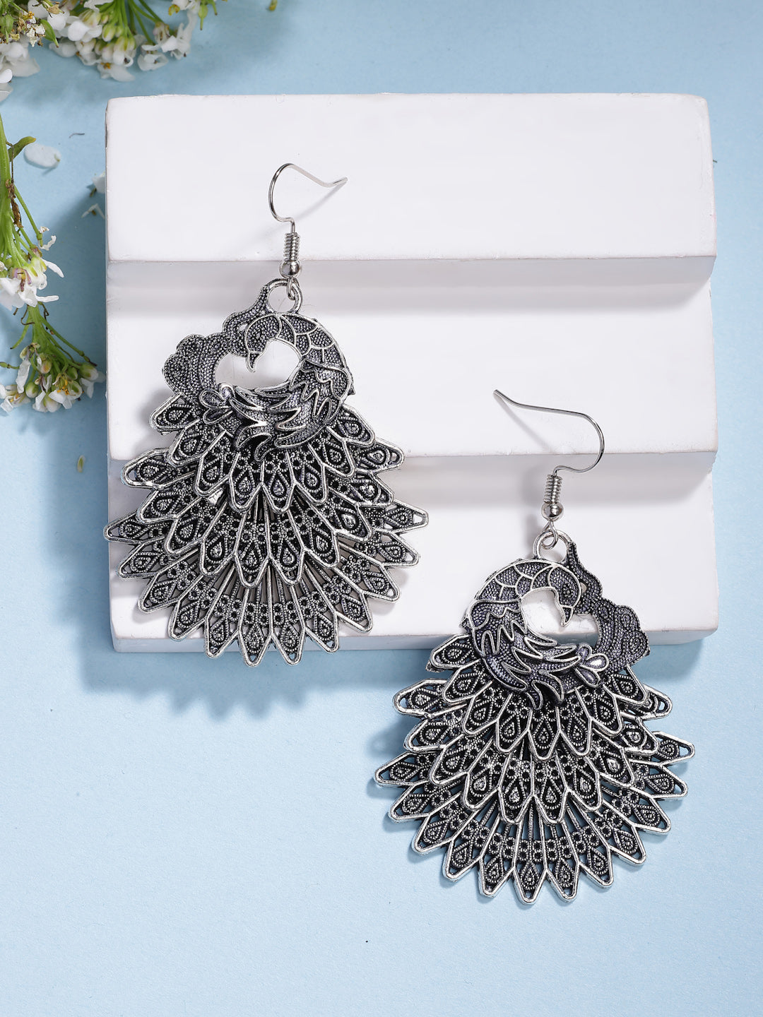NVR Women's Silver Toned Oxidized Peacock Design Drop Earrings - Swadesiicart