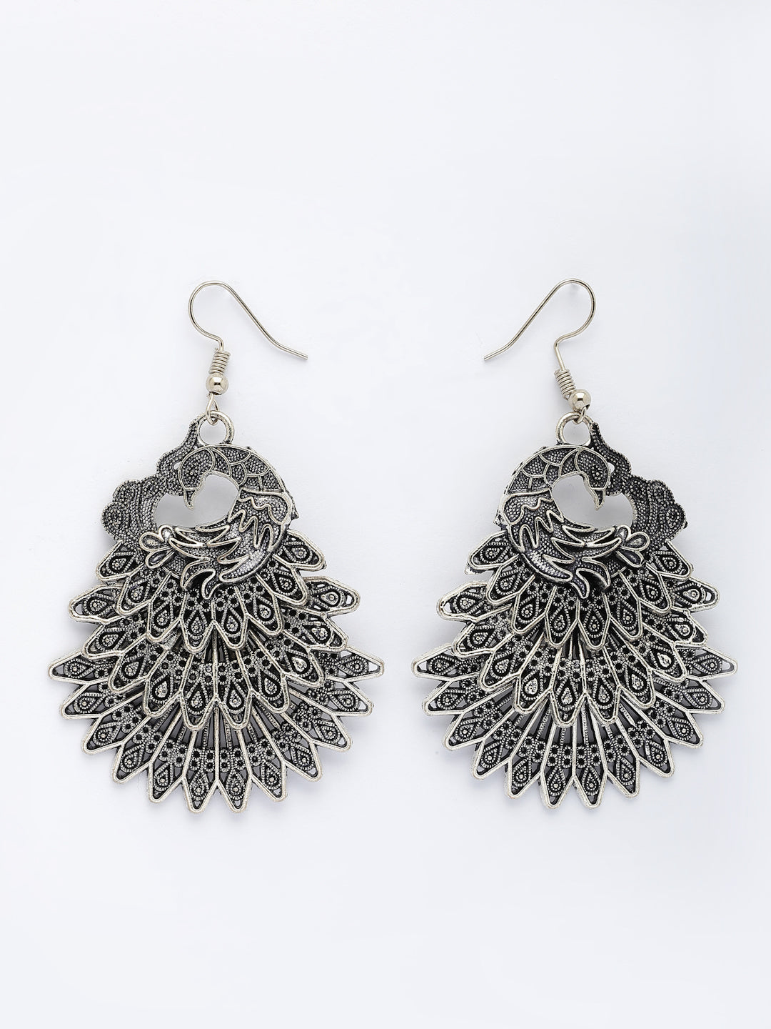 NVR Women's Silver Toned Oxidized Peacock Design Drop Earrings - Swadesiicart