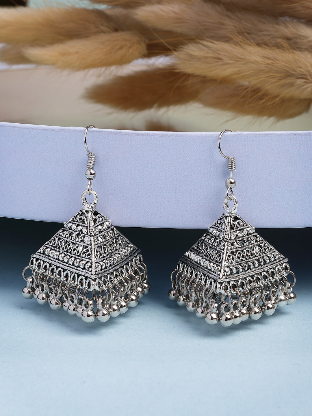 NVR Women's Triangular Shaped Hook Silver Plating Oxidized Jhumka Earrings | Swadesiicart