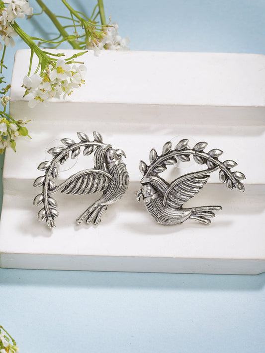 NVR Women Silver Toned Oxidized Pigeon Design Drop Earrings - Swadesiicart