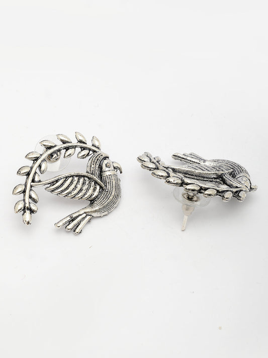 NVR Women Silver Toned Oxidized Pigeon Design Drop Earrings - Swadesiicart