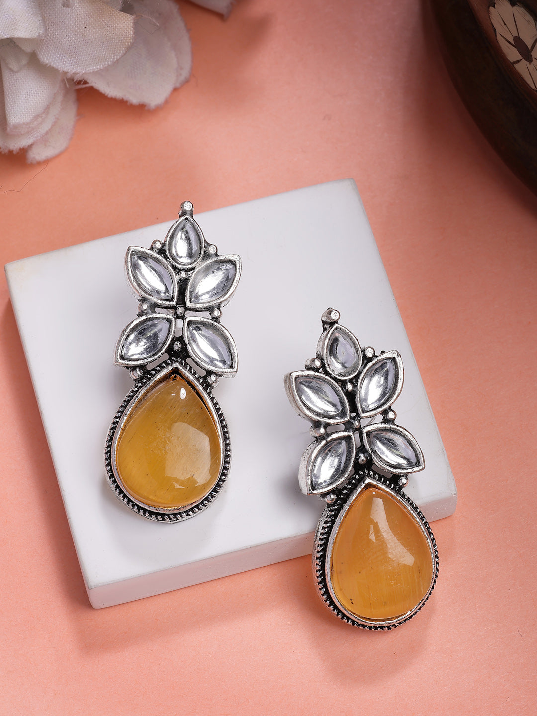 NVR Women Yellow Artificial Stones Silver Plated Drop Earrings - Swadesiicart
