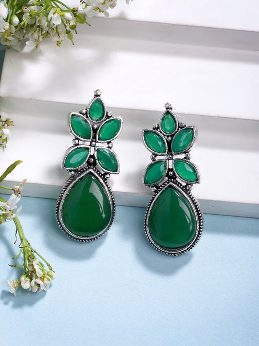 NVR Women Green Artificial Stones Silver Plated Drop Earrings - Swadesiicart
