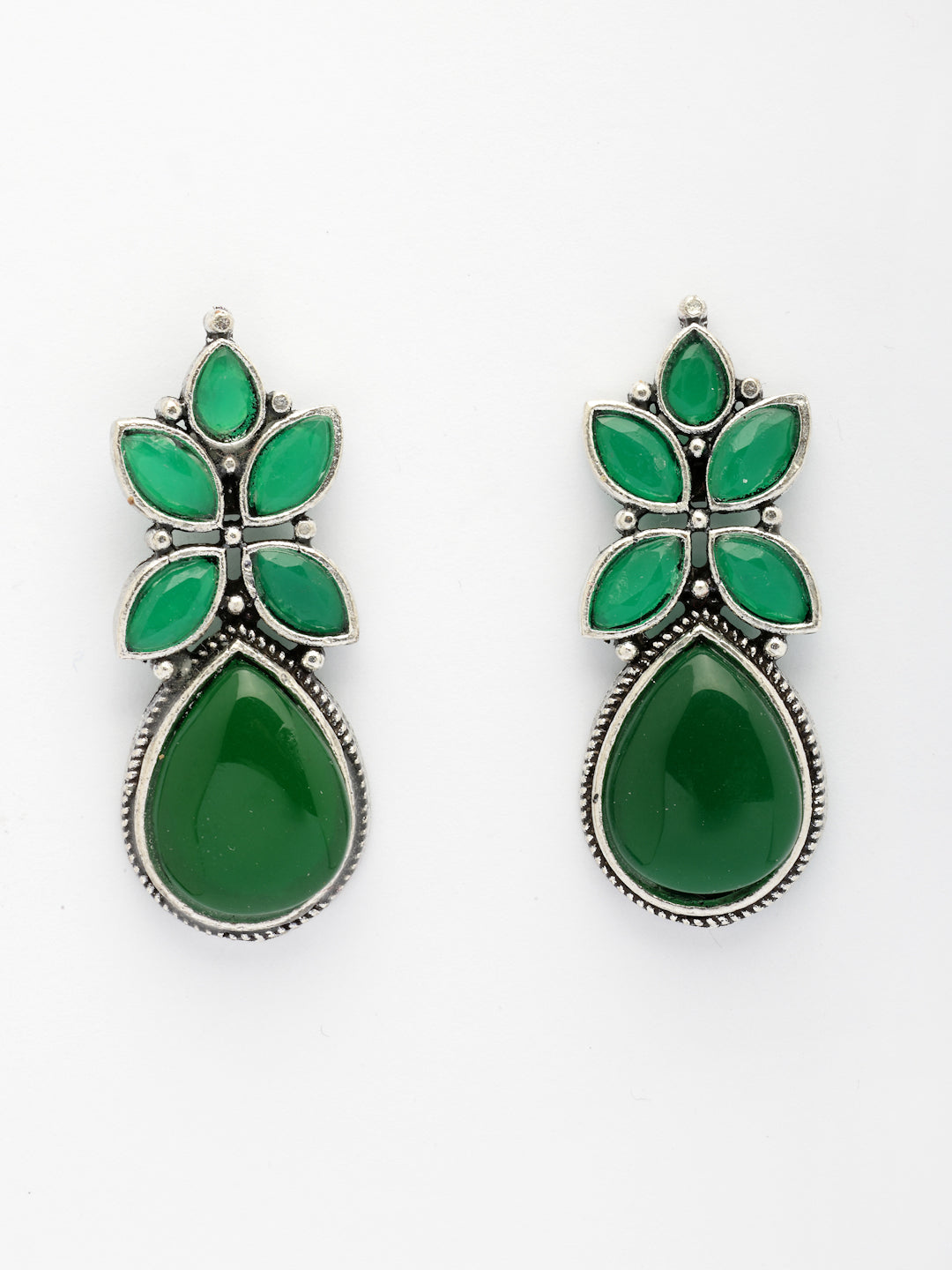 NVR Women Green Artificial Stones Silver Plated Drop Earrings - Swadesiicart