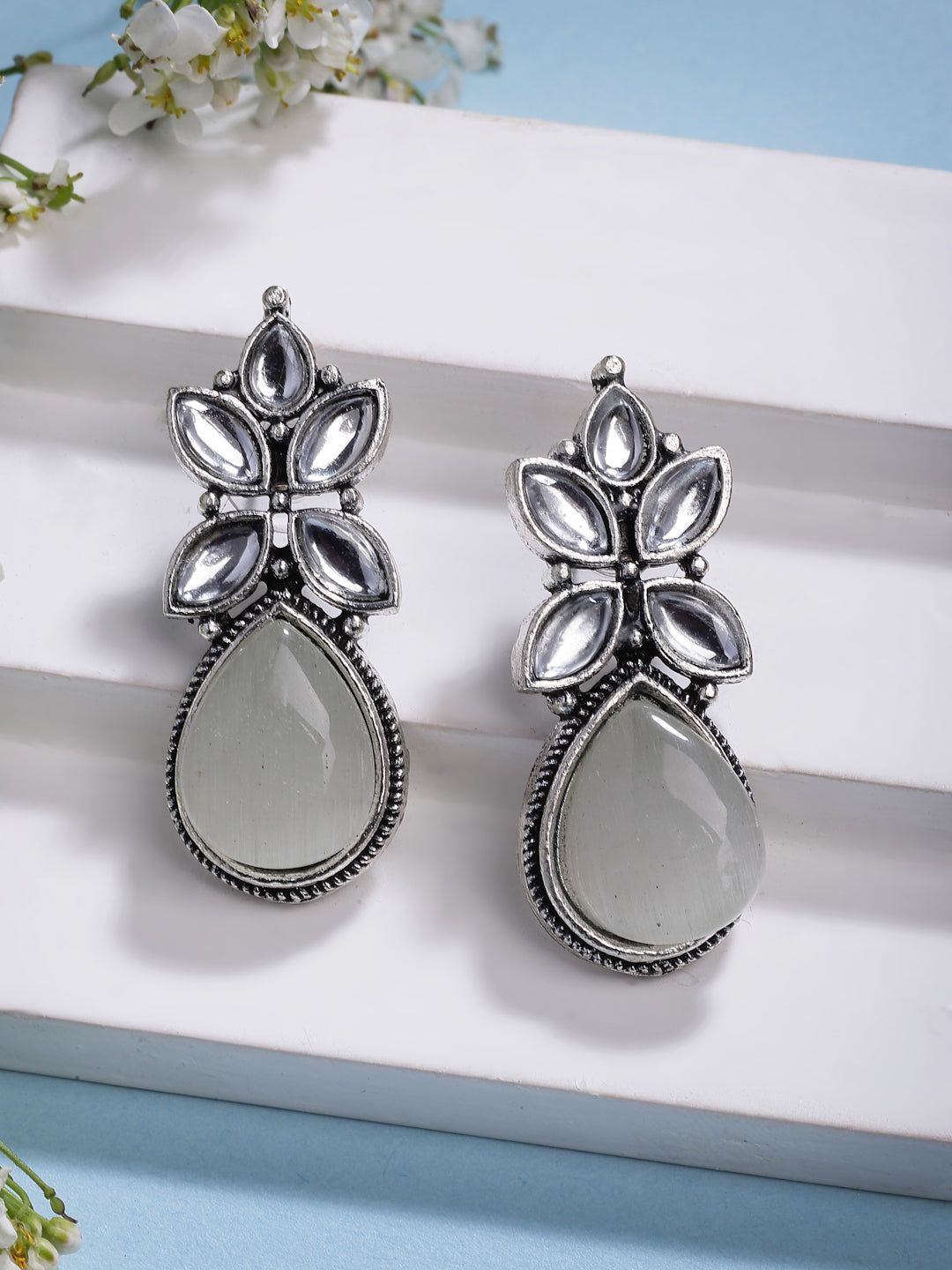 NVR Women White Artificial Stones Silver Plated Drop Earrings - Swadesiicart