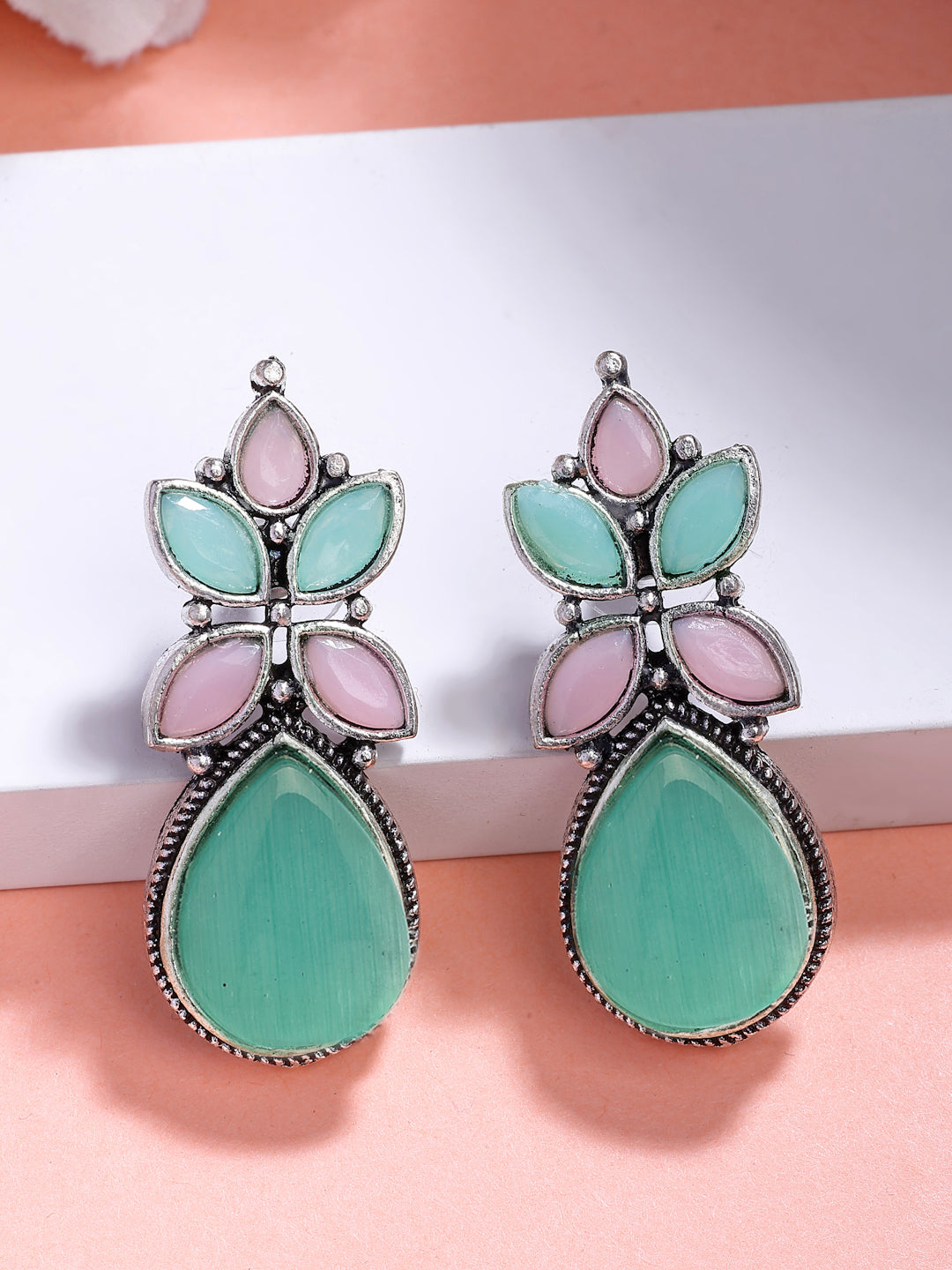 NVR Women Green & Pink Artificial Stones Silver Plated Drop Earrings - Swadesiicart
