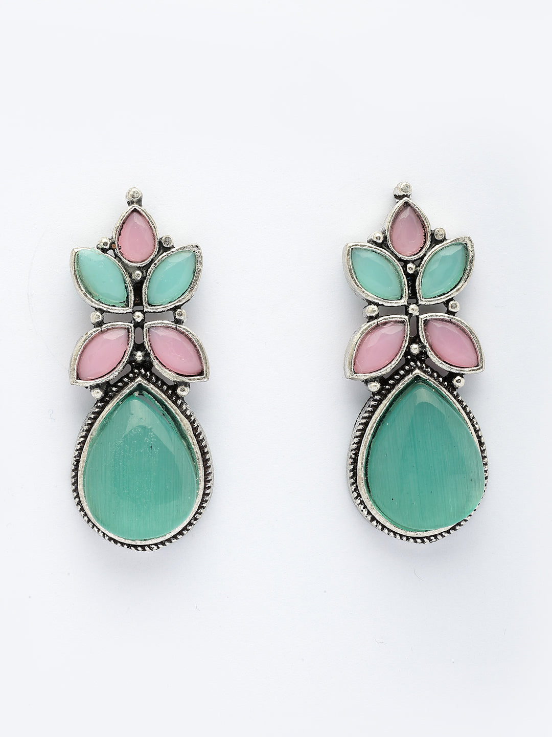 NVR Women Green & Pink Artificial Stones Silver Plated Drop Earrings - Swadesiicart