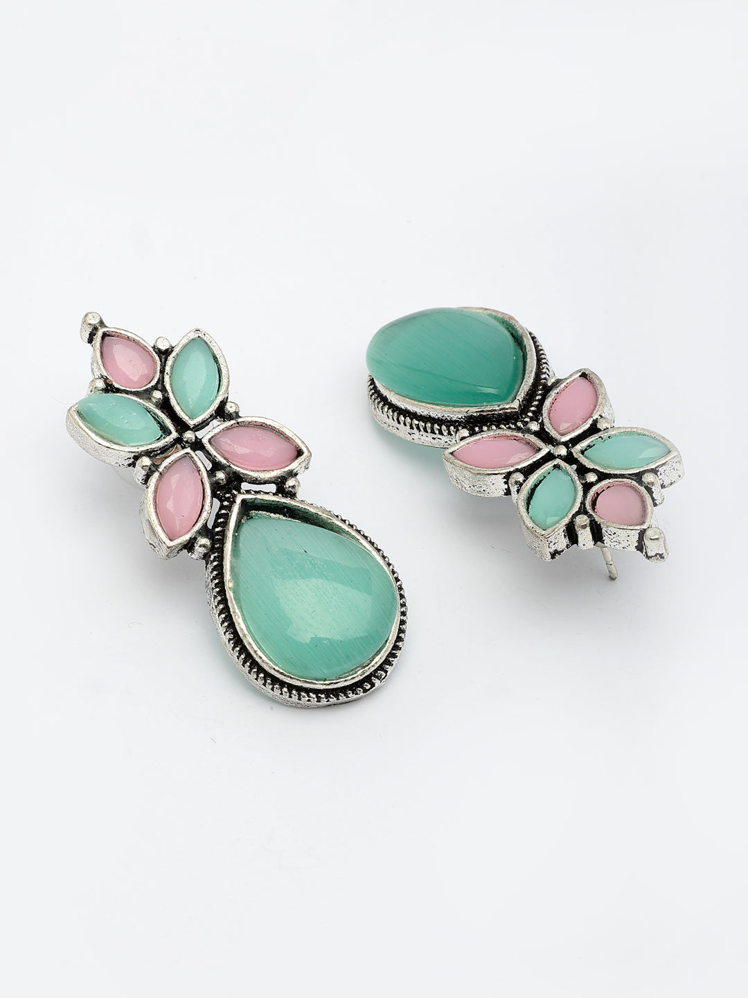 NVR Women Green & Pink Artificial Stones Silver Plated Drop Earrings - Swadesiicart