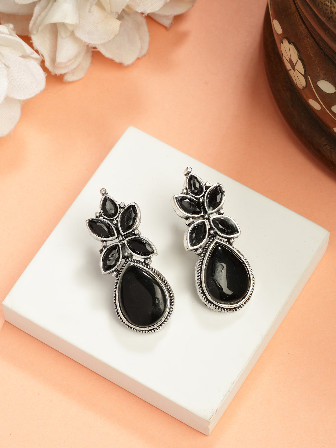 NVR Women Black Artificial Stones Silver Plated Drop Earrings - Swadesiicart
