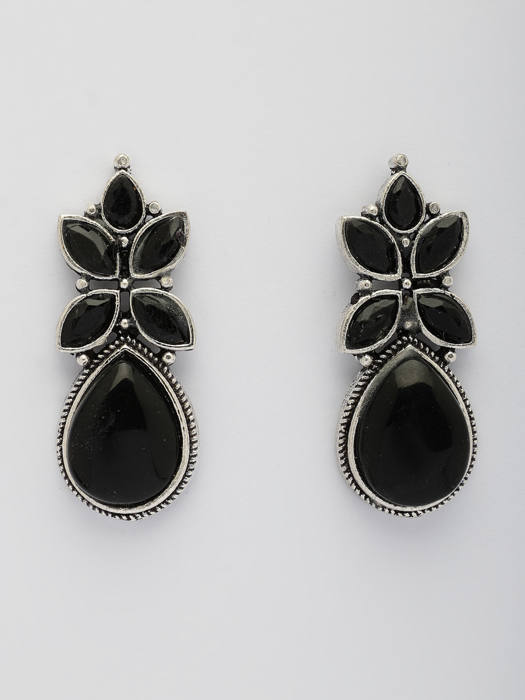 NVR Women Black Artificial Stones Silver Plated Drop Earrings - Swadesiicart