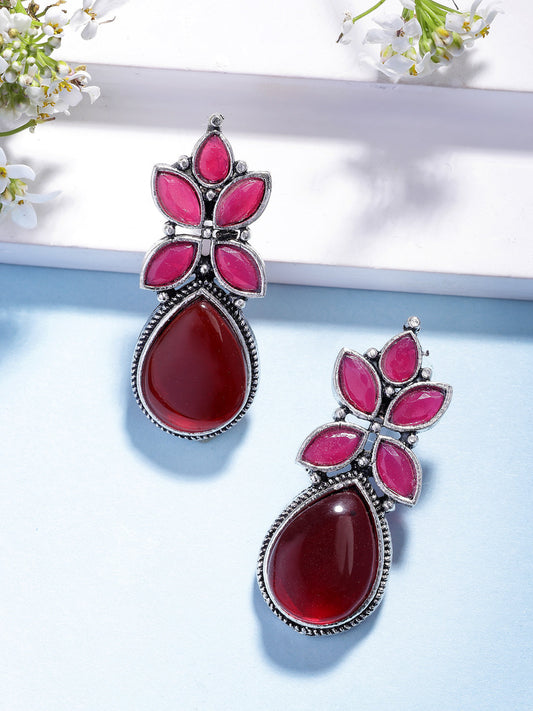NVR Women Red Artificial Stones Silver Plated Drop Earrings - Swadesiicart