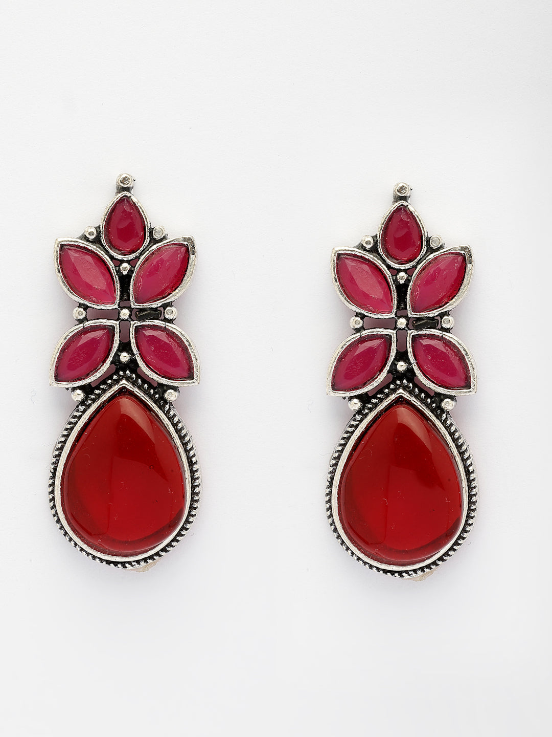 NVR Women Red Artificial Stones Silver Plated Drop Earrings - Swadesiicart