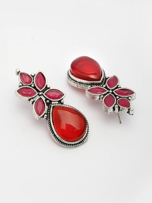 NVR Women Red Artificial Stones Silver Plated Drop Earrings - Swadesiicart