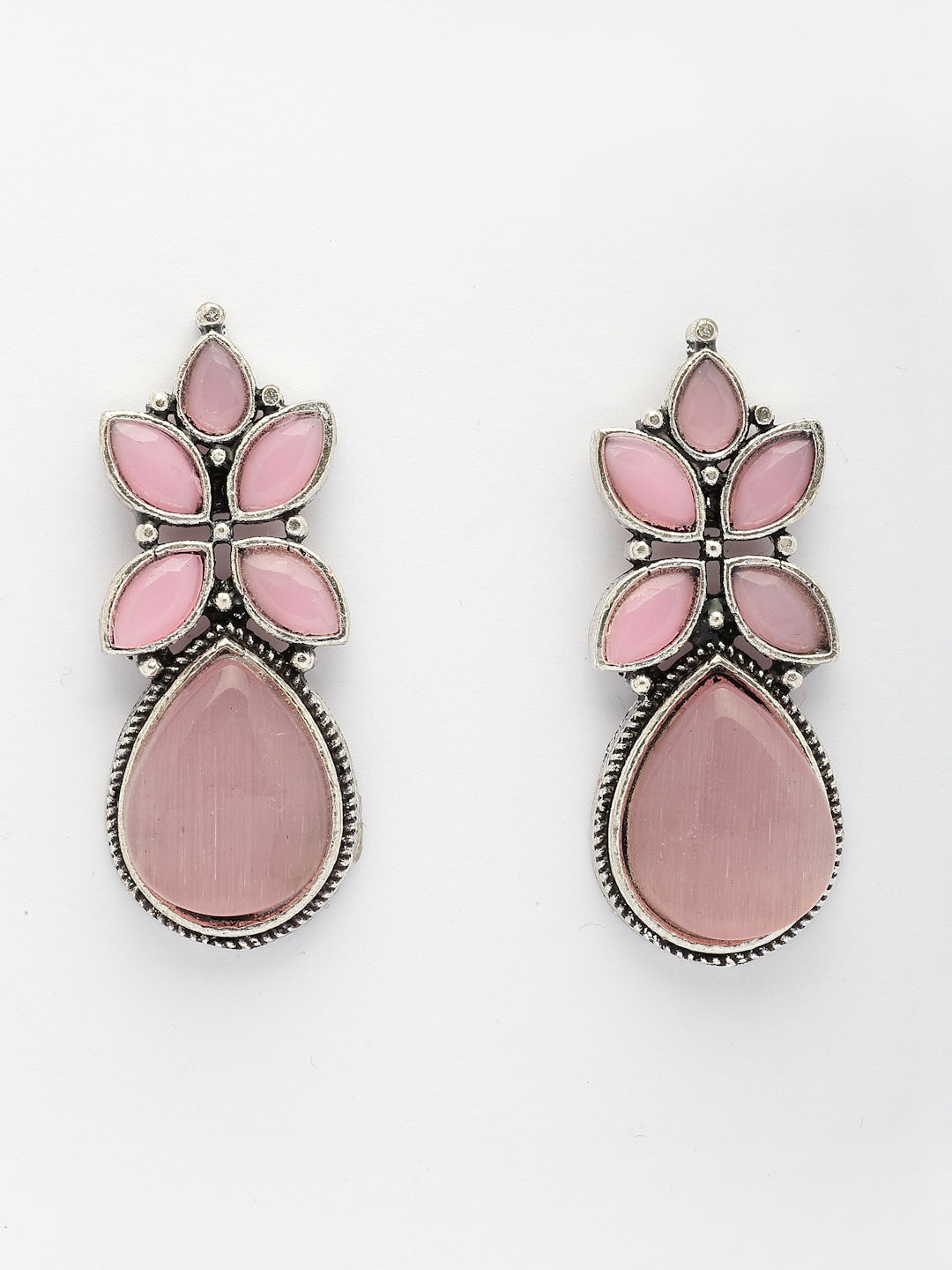 NVR Women Pink Artificial Stones Silver Plated Drop Earrings | Swadesiicart