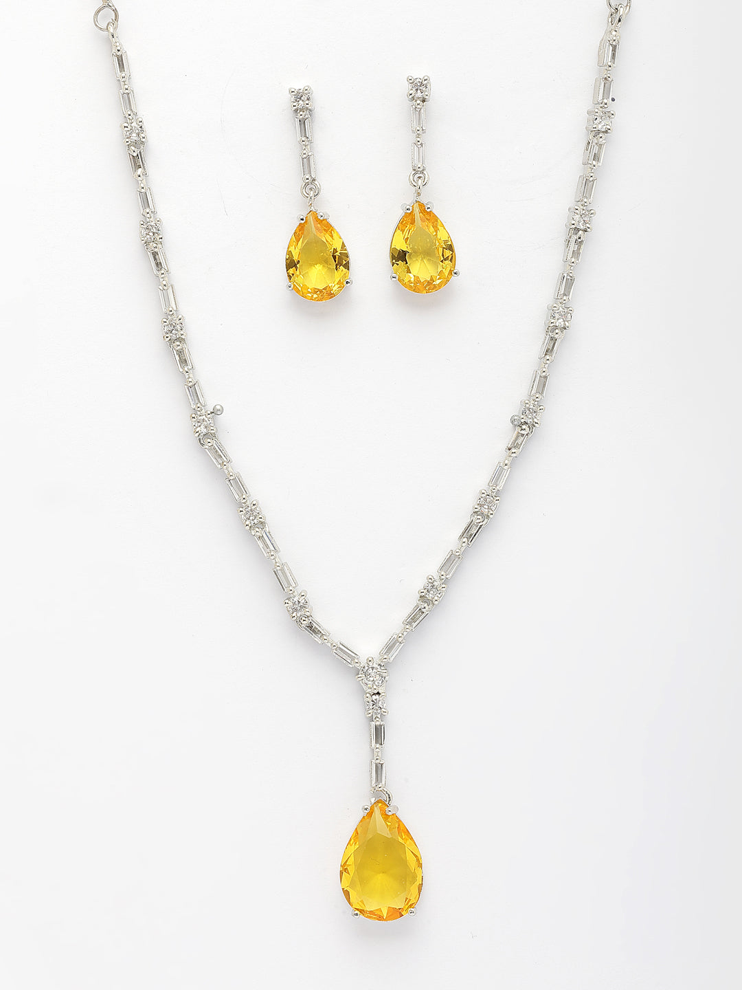 NVR Women's Silver-Plated Yellow American Diamond-Studded Handcrafted Jewellery Set - Swadesiicart