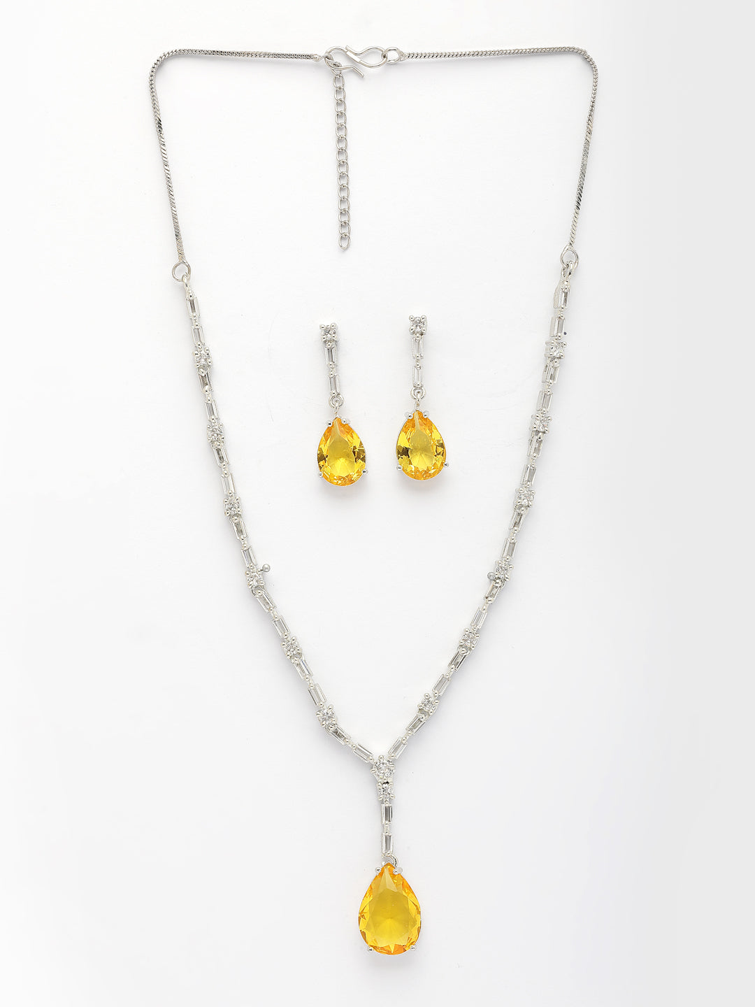 NVR Women's Silver-Plated Yellow American Diamond-Studded Handcrafted Jewellery Set - Swadesiicart
