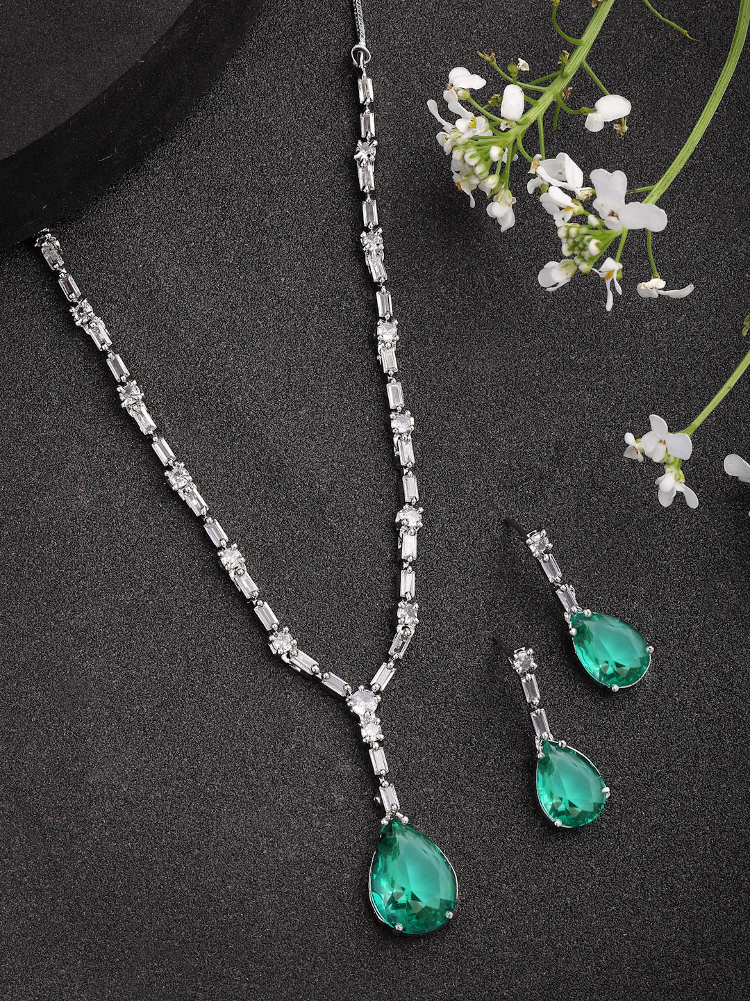 NVR Women's Silver-Plated Green American Diamond-Studded Handcrafted Jewellery Set - Swadesiicart