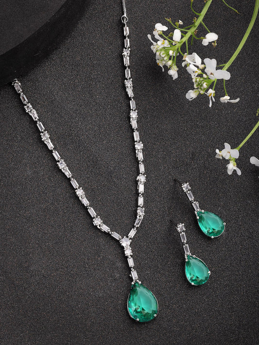 NVR Women's Silver-Plated Green American Diamond-Studded Handcrafted Jewellery Set - Swadesiicart