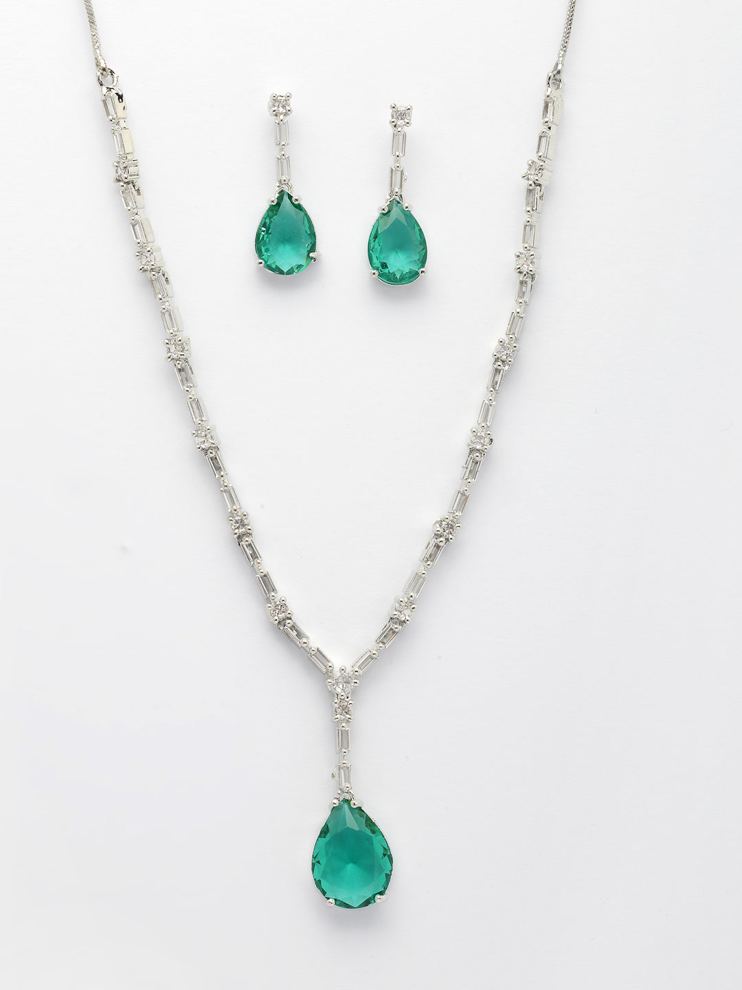 NVR Women's Silver-Plated Green American Diamond-Studded Handcrafted Jewellery Set - Swadesiicart