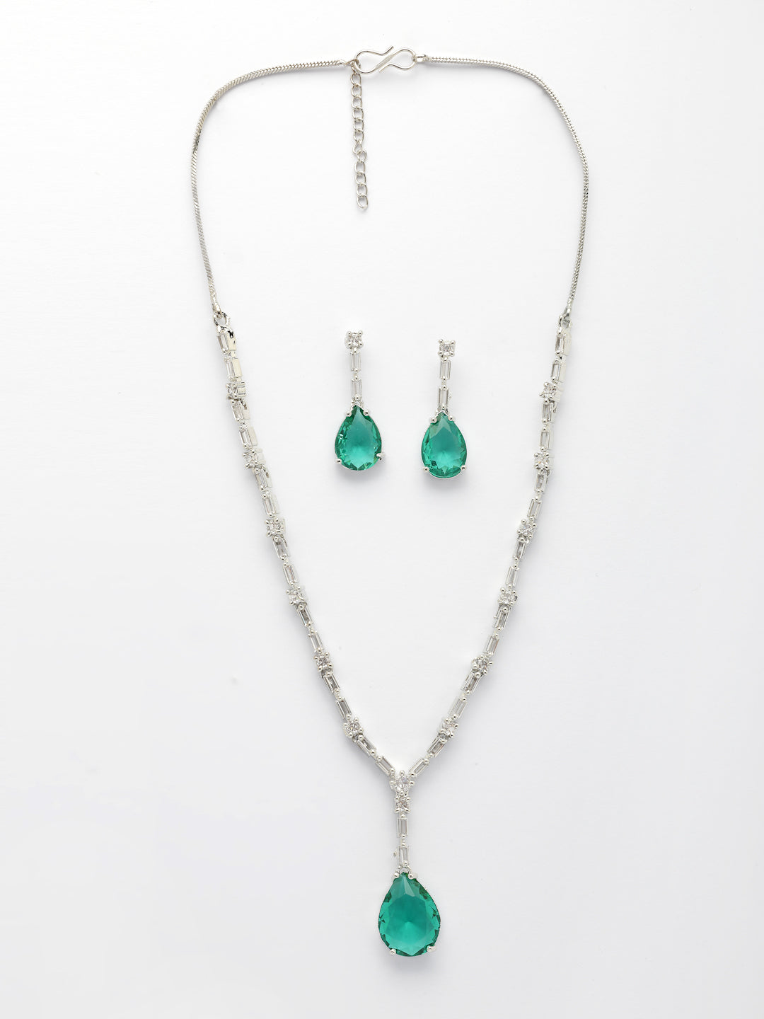 NVR Women's Silver-Plated Green American Diamond-Studded Handcrafted Jewellery Set - Swadesiicart