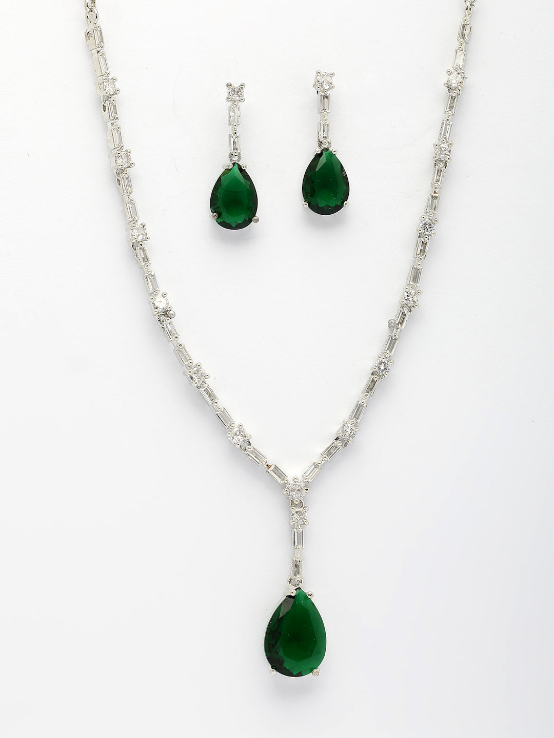 NVR Women's Silver-Plated Dark Green American Diamond-Studded Handcrafted Jewellery Set - Swadesiicart