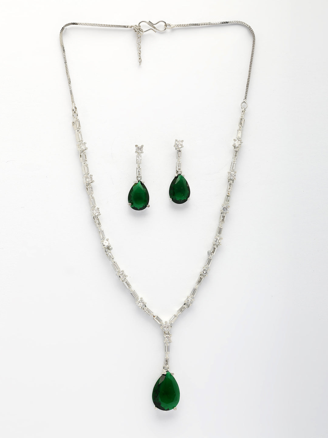 NVR Women's Silver-Plated Dark Green American Diamond-Studded Handcrafted Jewellery Set - Swadesiicart