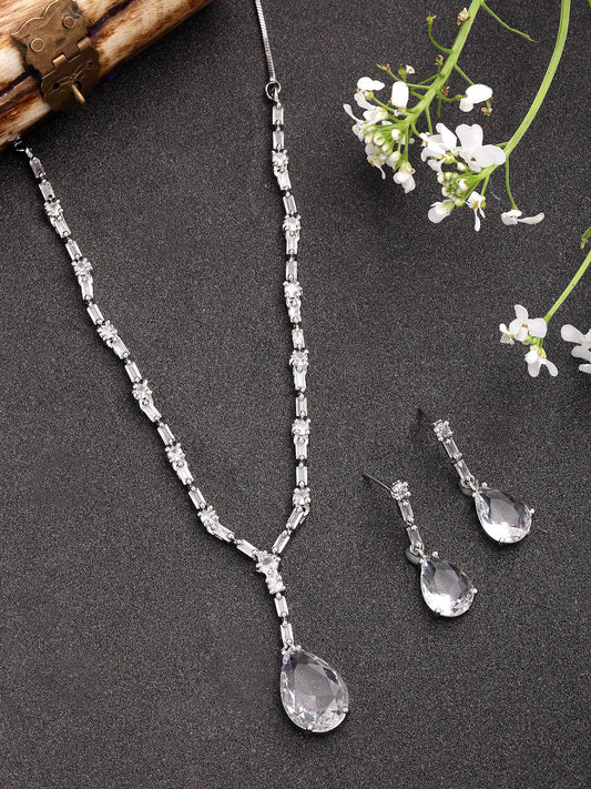 NVR Women's Silver-Plated White American Diamond-Studded Handcrafted Jewellery Set - Swadesiicart
