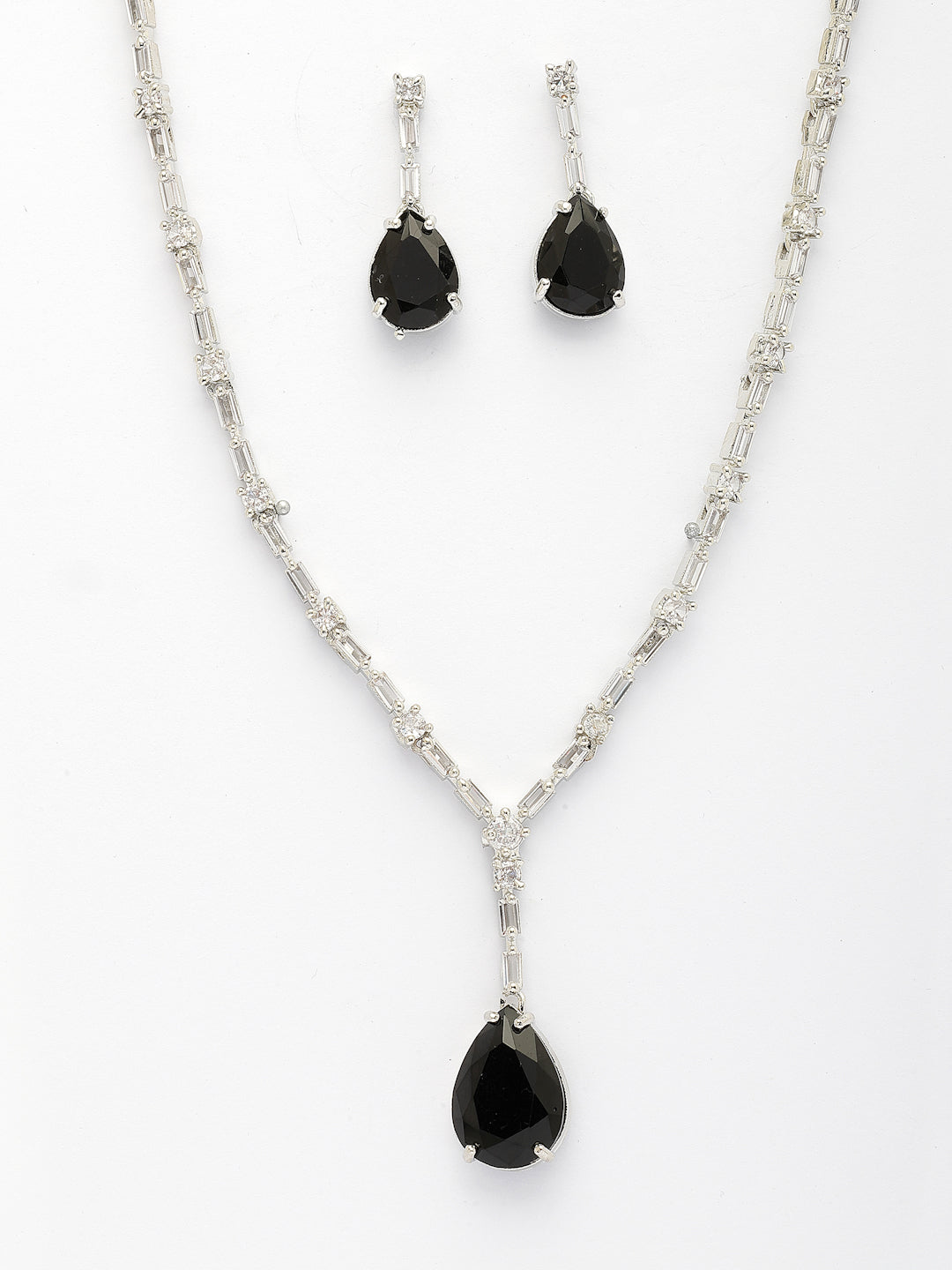 NVR Women's Silver-Plated Black American Diamond-Studded Handcrafted Jewellery Set - Swadesiicart