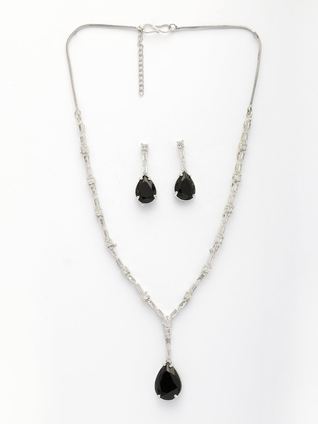 NVR Women's Silver-Plated Black American Diamond-Studded Handcrafted Jewellery Set - Swadesiicart