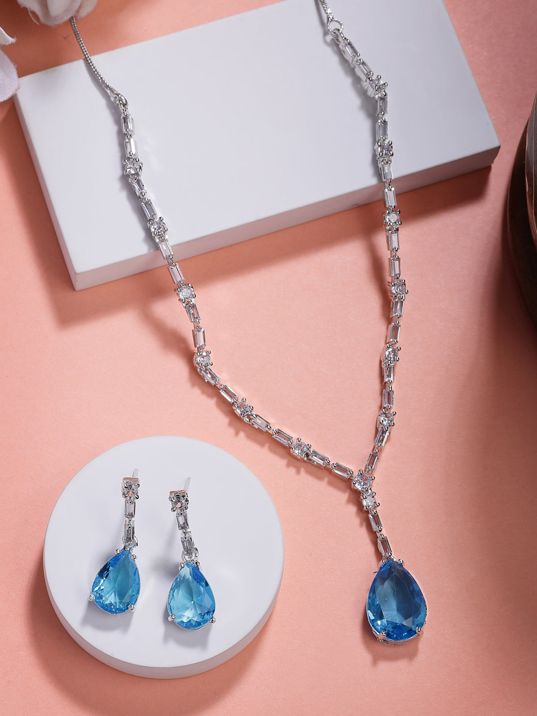 NVR Women's Silver-Plated Blue American Diamond-Studded Handcrafted Jewellery Set - Swadesiicart