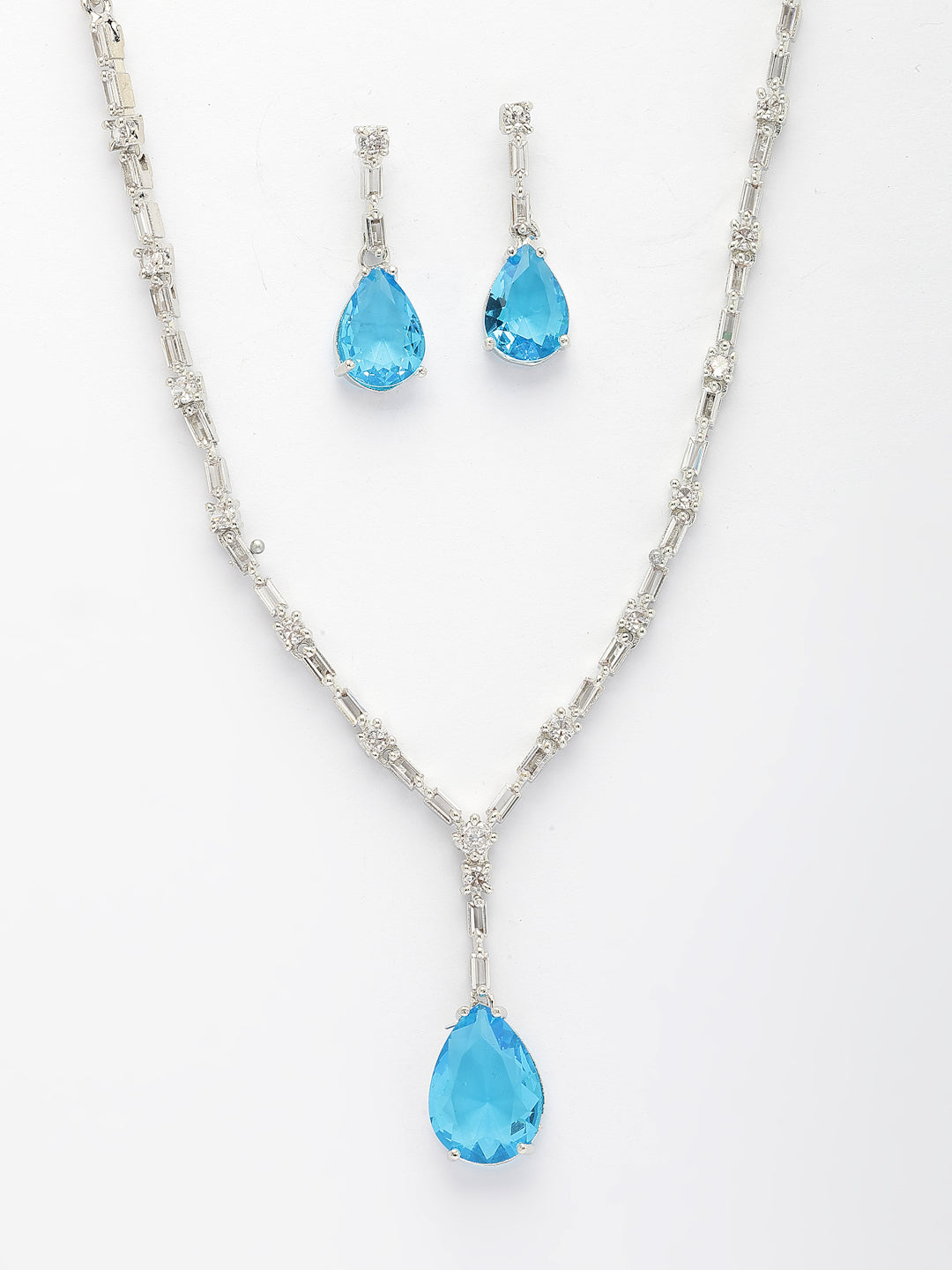 NVR Women's Silver-Plated Blue American Diamond-Studded Handcrafted Jewellery Set - Swadesiicart