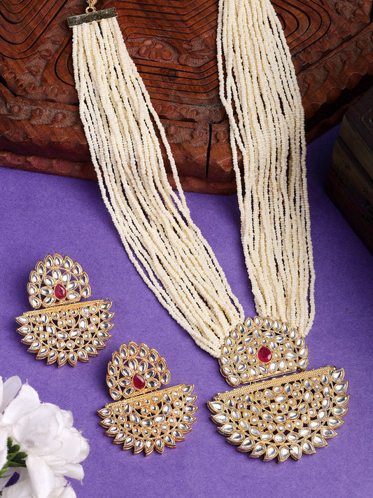 NVR Women's Gold Toned Red Stones & Kundan Studded Jewellery Set - Swadesiicart