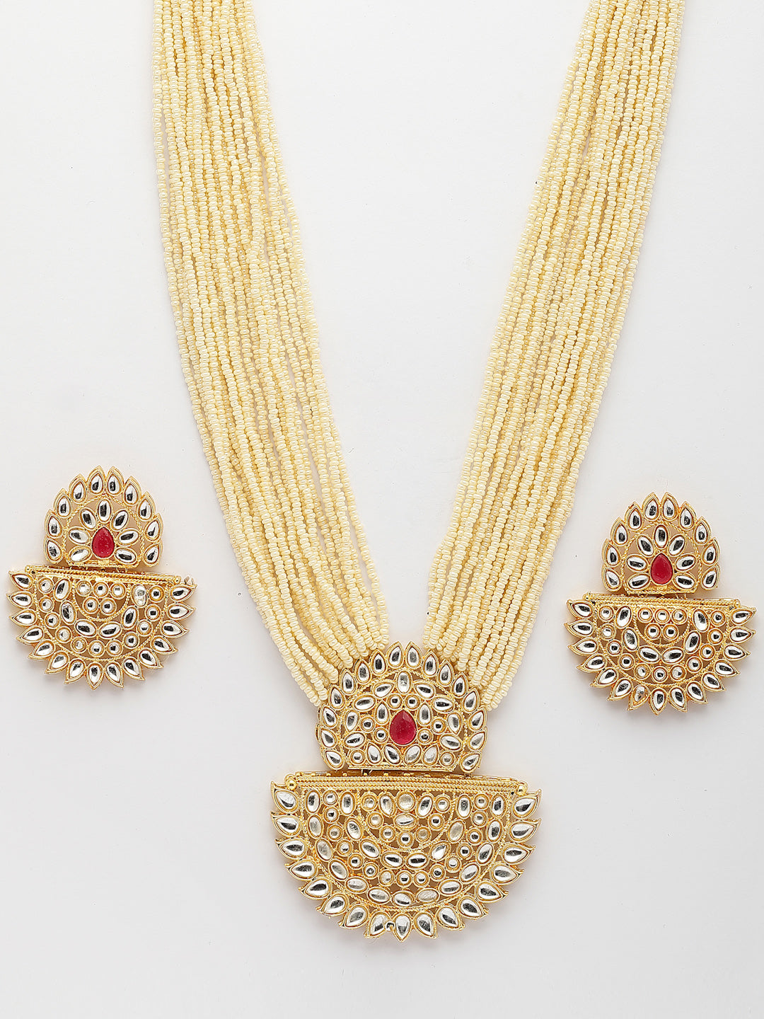 NVR Women's Gold Toned Red Stones & Kundan Studded Jewellery Set - Swadesiicart
