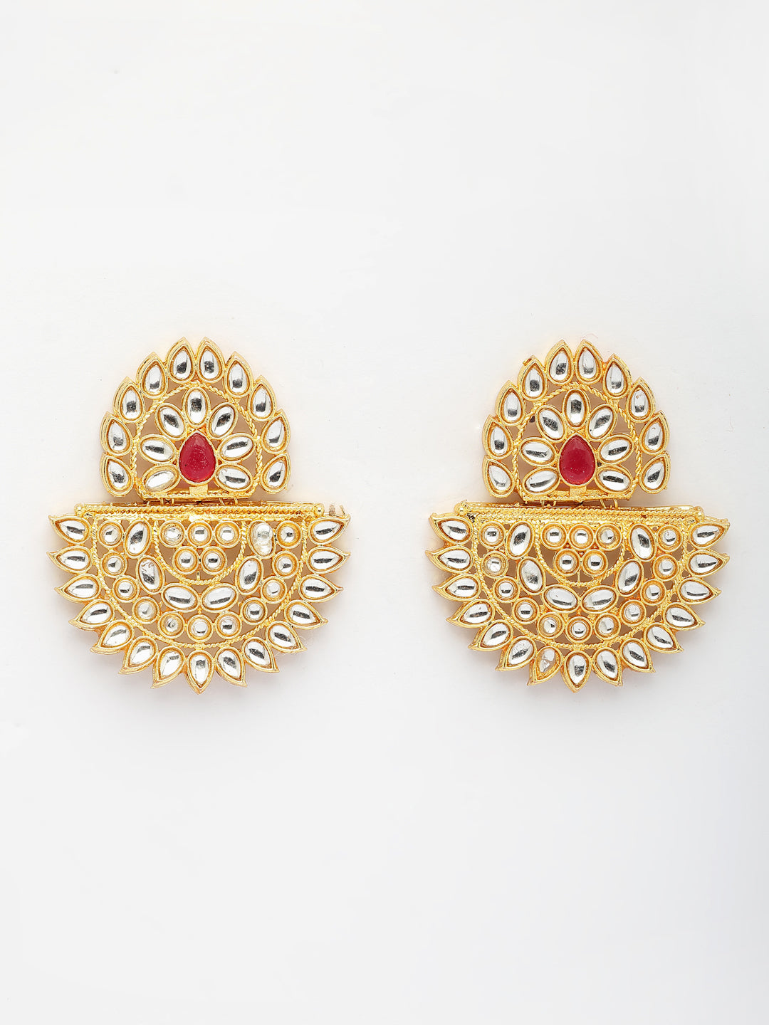 NVR Women's Gold Toned Red Stones & Kundan Studded Jewellery Set - Swadesiicart