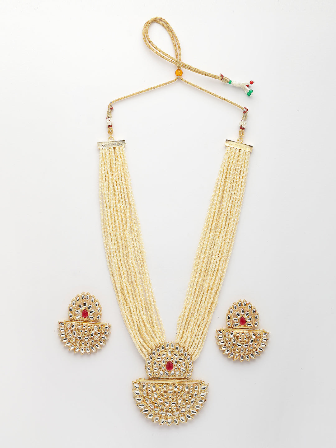 NVR Women's Gold Toned Red Stones & Kundan Studded Jewellery Set - Swadesiicart