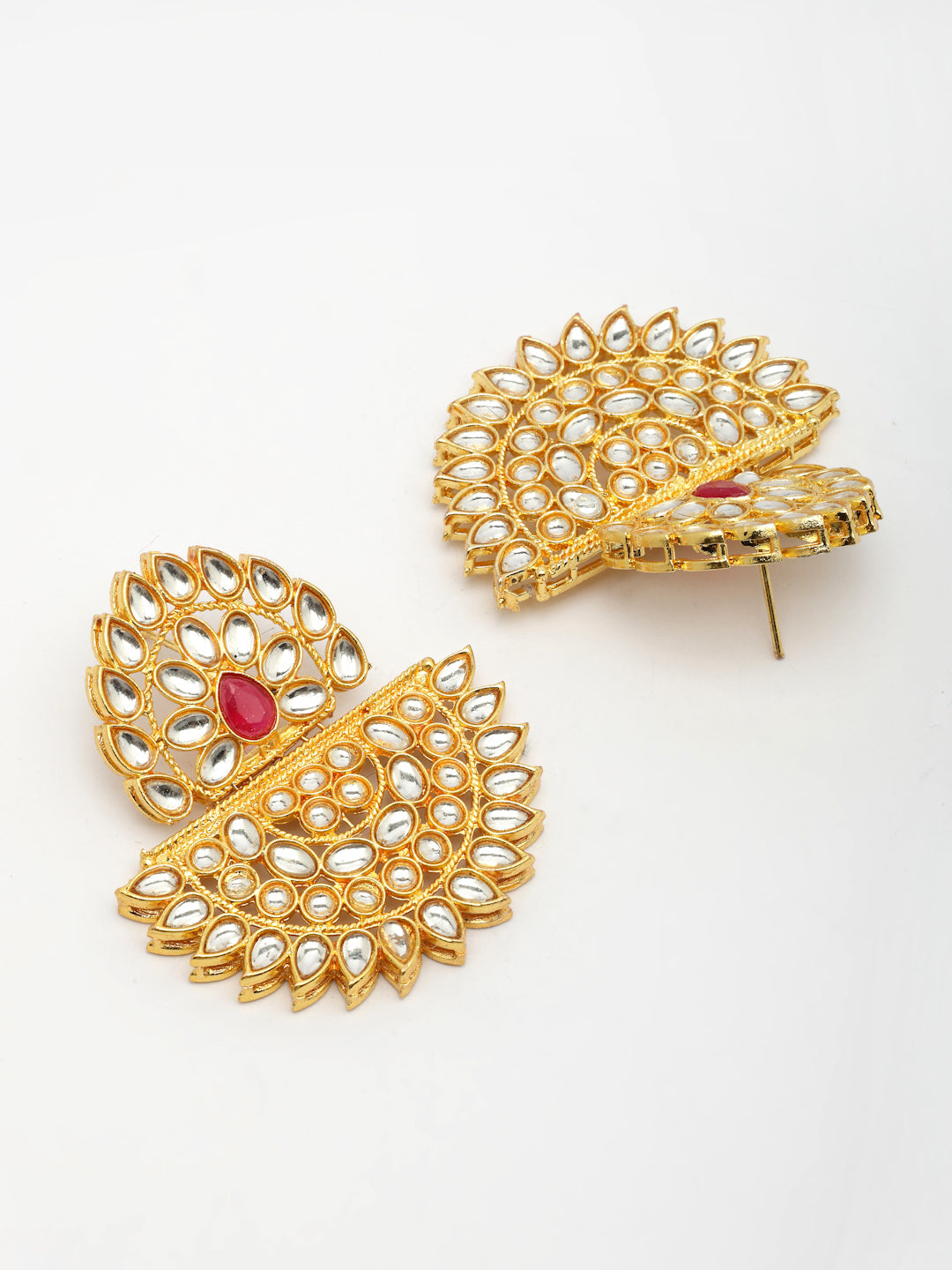 NVR Women's Gold Toned Red Stones & Kundan Studded Jewellery Set - Swadesiicart