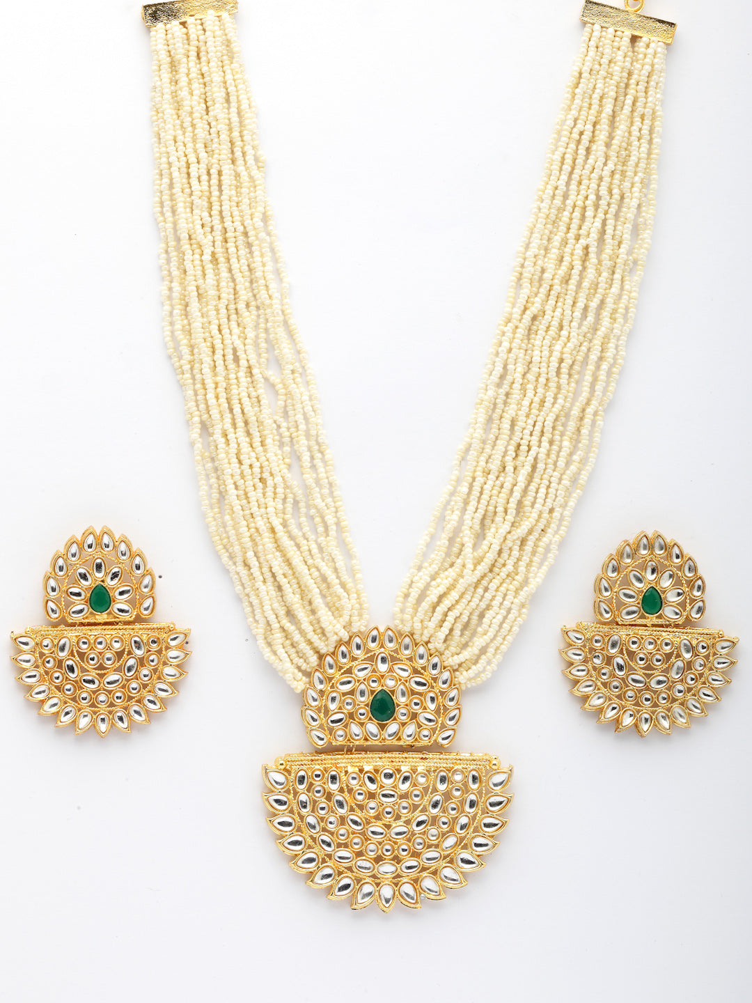 NVR Women's Gold Toned Green Stones & Kundan Studded Jewellery Set - Swadesiicart