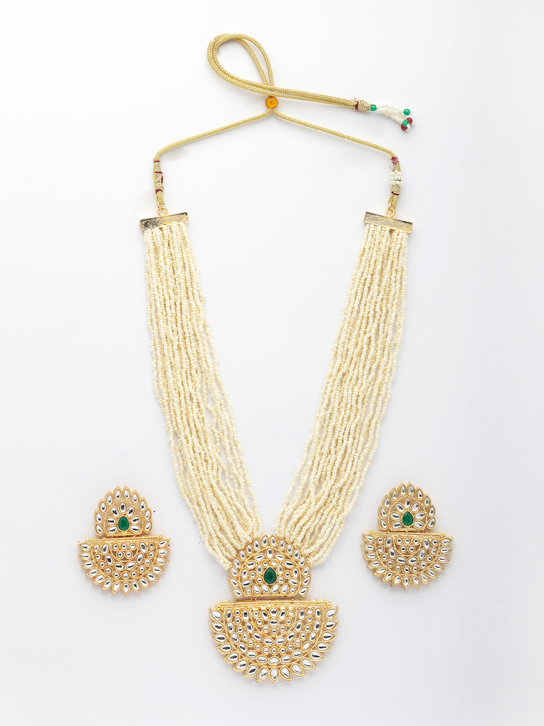 NVR Women's Gold Toned Green Stones & Kundan Studded Jewellery Set - Swadesiicart
