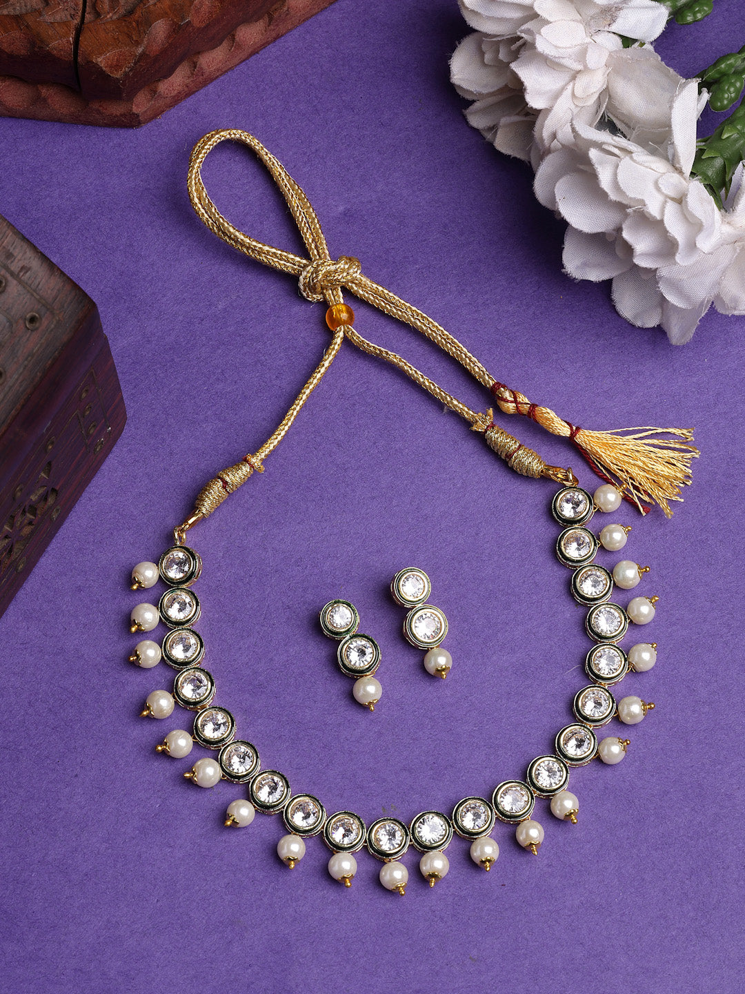 NVR Women Gold-Polished Round Shape Kundan Studded Short Jewellery Set - Swadesiicart