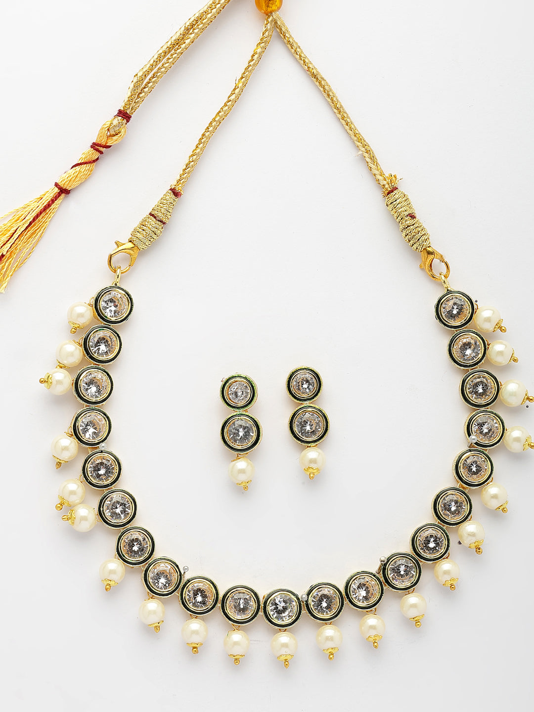 NVR Women Gold-Polished Round Shape Kundan Studded Short Jewellery Set - Swadesiicart