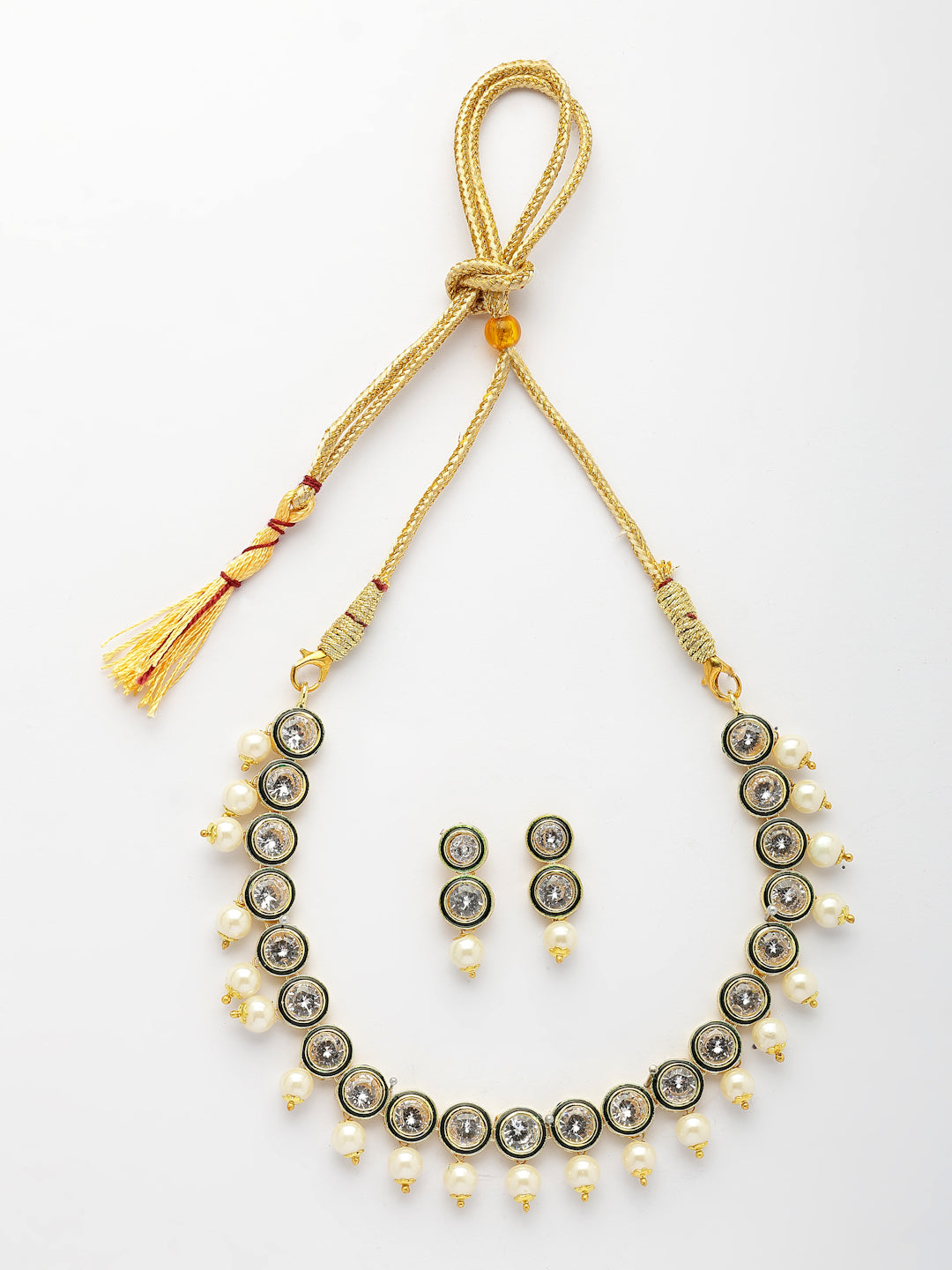 NVR Women Gold-Polished Round Shape Kundan Studded Short Jewellery Set - Swadesiicart