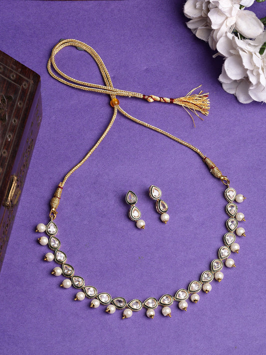 NVR Women Gold-Polished Pear Shape Kundan Studded Short Jewellery Set - Swadesiicart