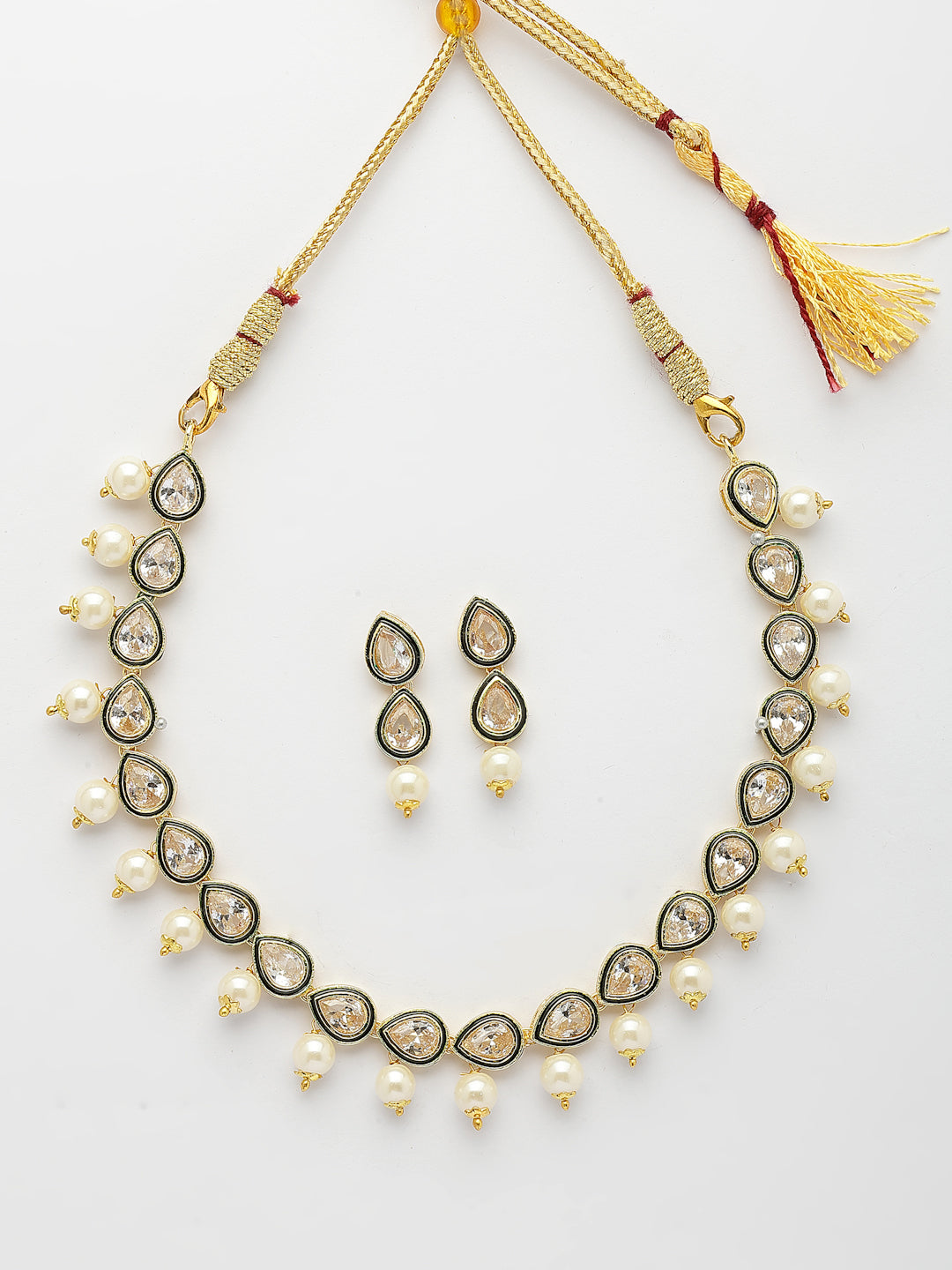 NVR Women Gold-Polished Pear Shape Kundan Studded Short Jewellery Set - Swadesiicart
