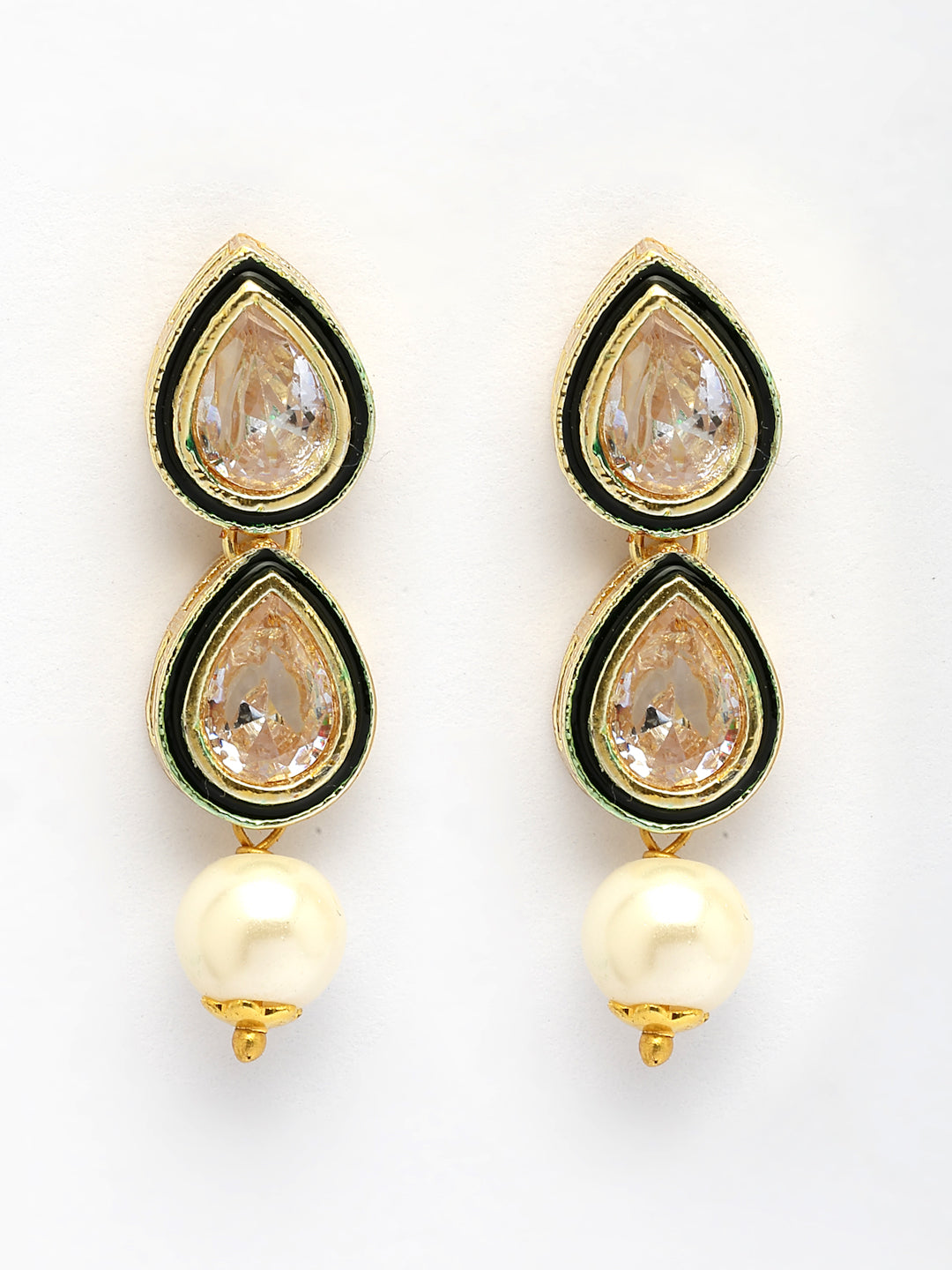 NVR Women Gold-Polished Pear Shape Kundan Studded Short Jewellery Set - Swadesiicart