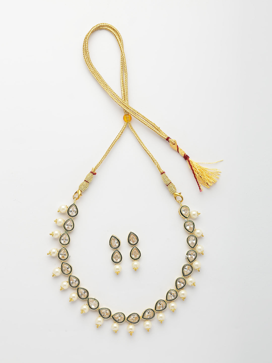 NVR Women Gold-Polished Pear Shape Kundan Studded Short Jewellery Set - Swadesiicart