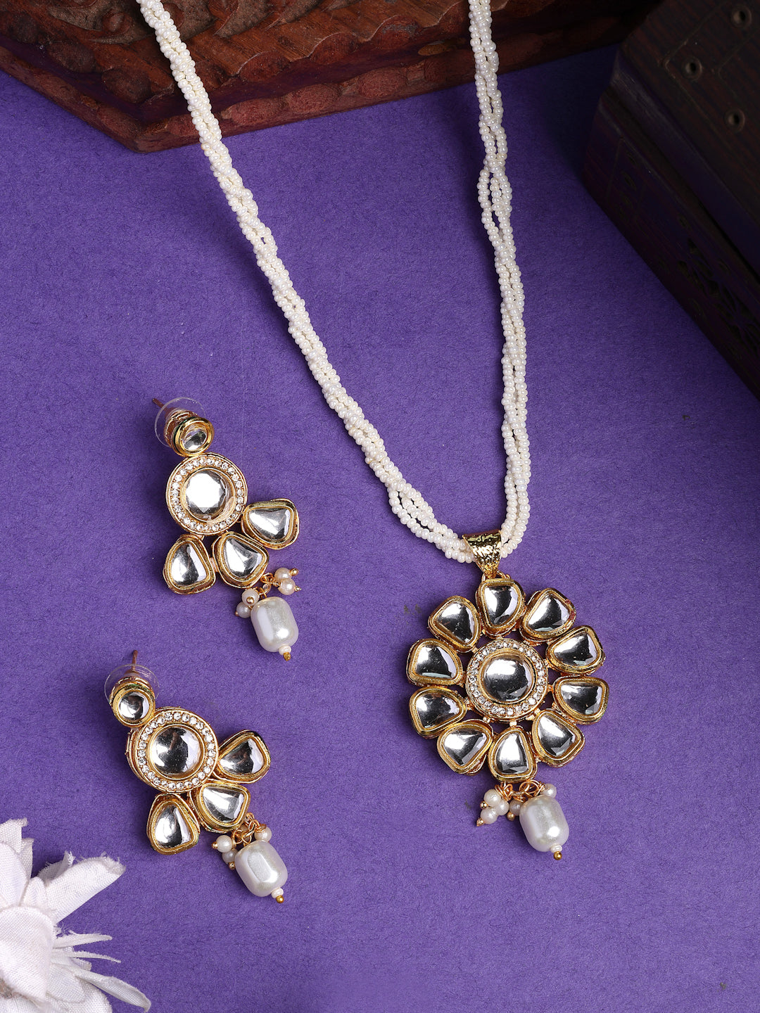 NVR Women Gold-Polished Kundan Studded & Pearls Long Jewellery Set - Swadesiicart