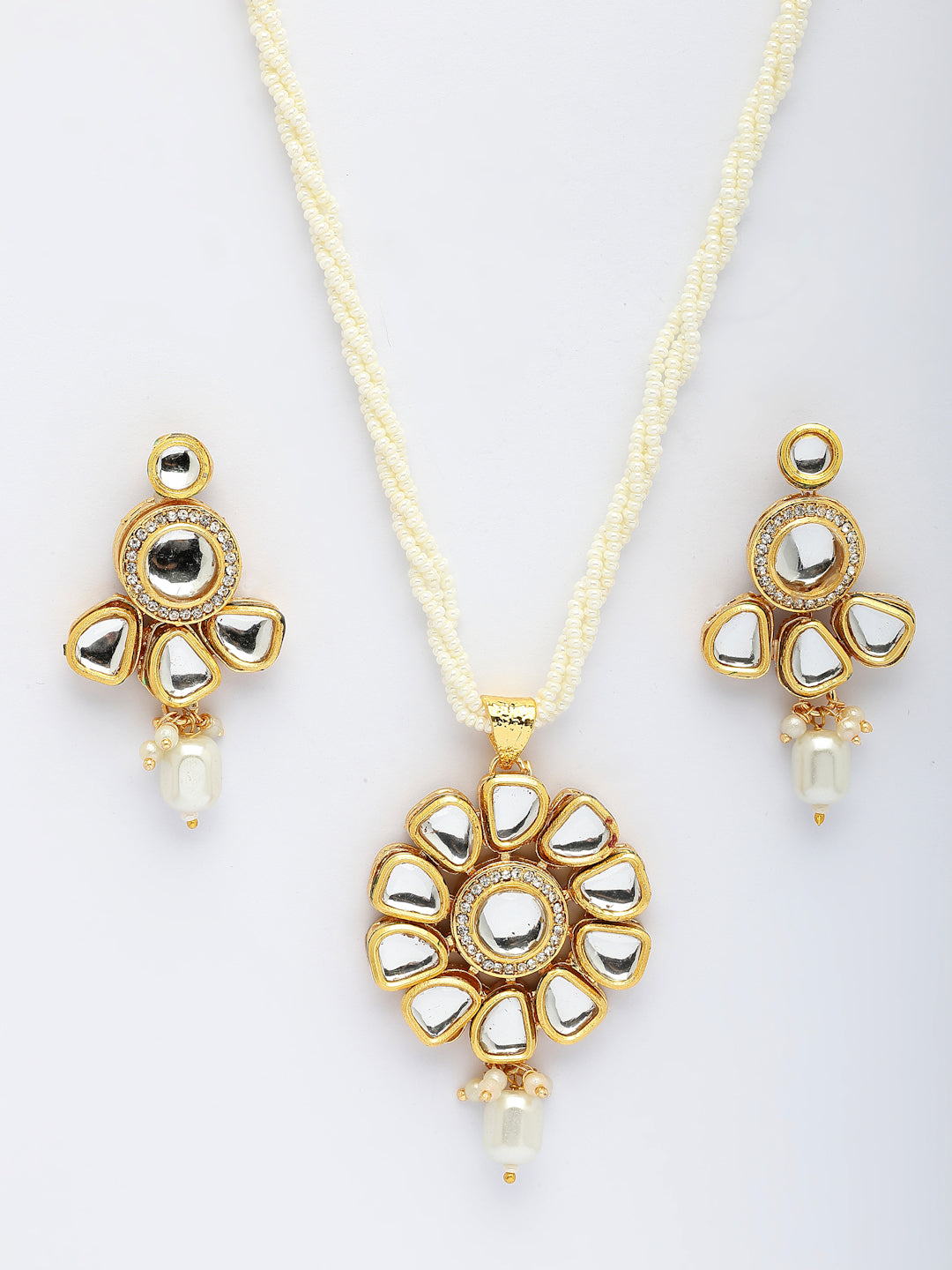 NVR Women Gold-Polished Kundan Studded & Pearls Long Jewellery Set - Swadesiicart
