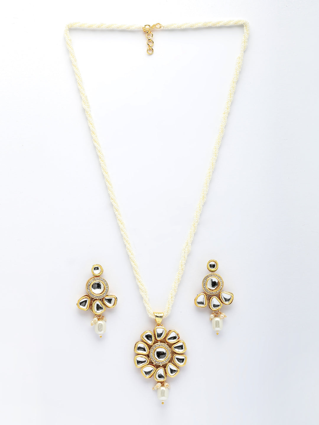 NVR Women Gold-Polished Kundan Studded & Pearls Long Jewellery Set - Swadesiicart